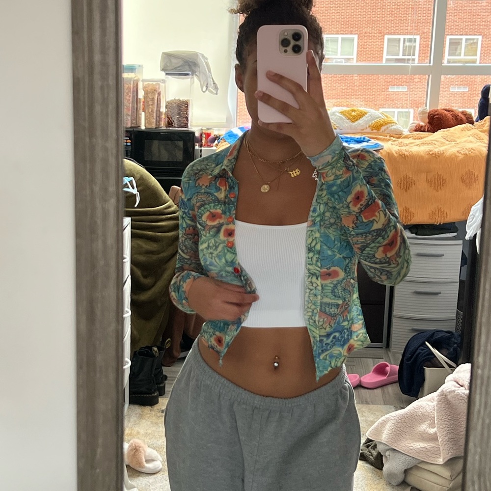 long sleeve colorful print mesh button up top